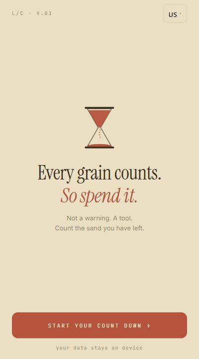LifeCountDown web onboarding with its hourglass and countdown entry point