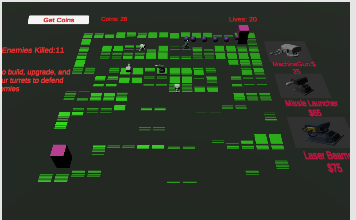 Tower Defense gameplay showing turrets, approaching enemies, coins, and lives
